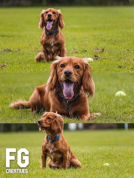 Three cocker spaniels photographed on a bright green field