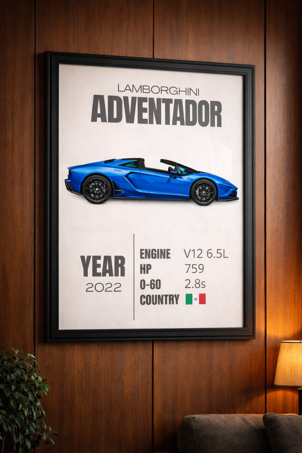Lamborghini Aventador spec poster framed on a walnut wall