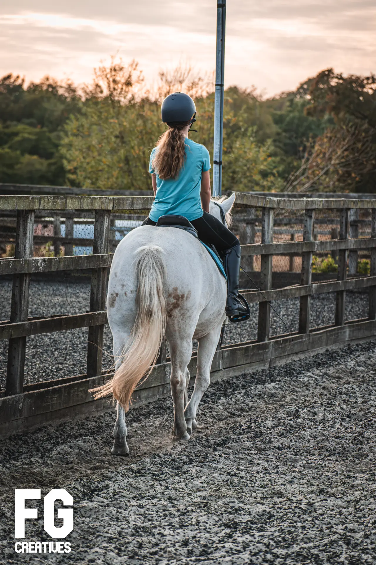 Rear view of an equestrian rider and white horse at sunset