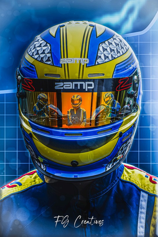 Detailed studio shot of a blue and yellow racing helmet