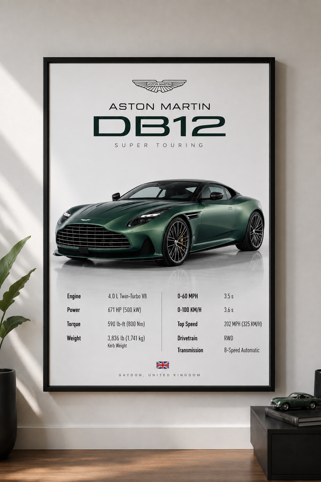Aston Martin poster framed on a wall