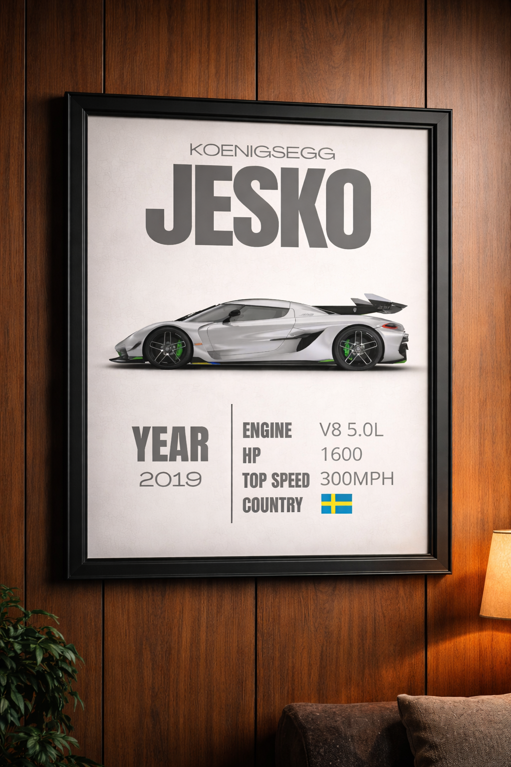 Koenigsegg Jesko spec poster framed on a walnut wall
