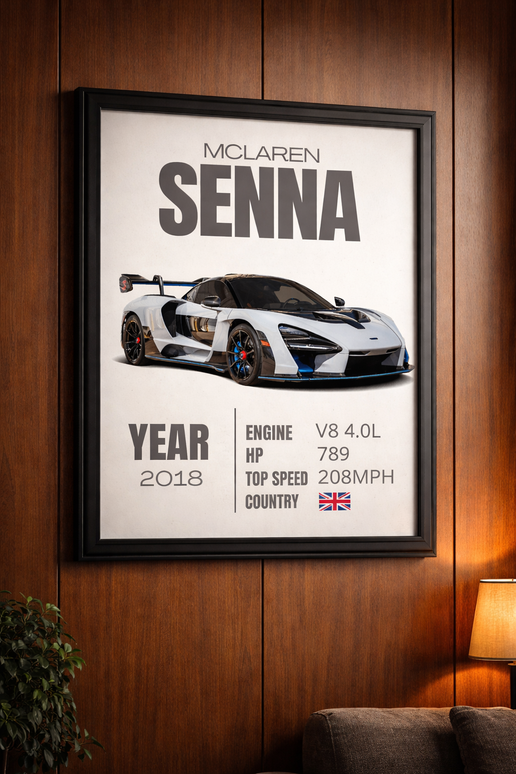 McLaren Senna spec poster framed on a walnut wall
