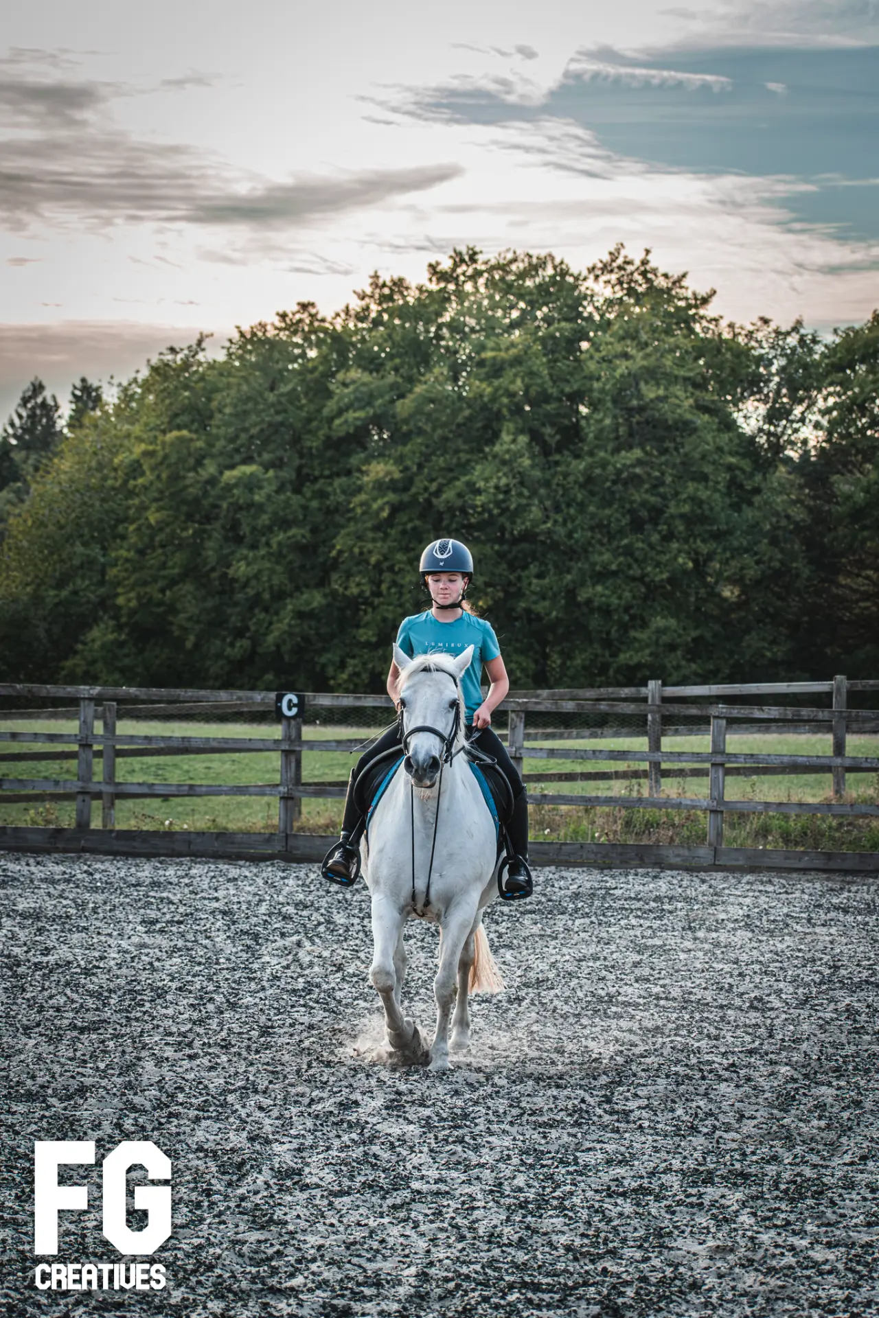 Wide equestrian portrait of a rider and white horse in the arena