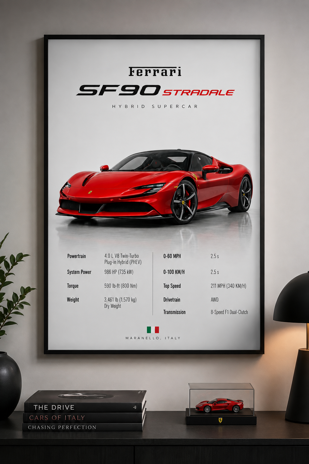 Ferrari poster framed on a wall